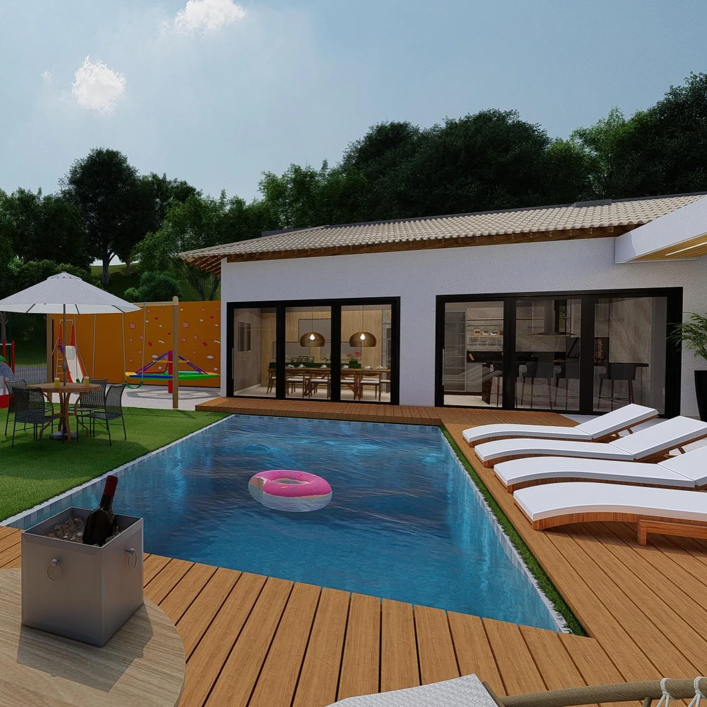 Área de piscina de casa de campo